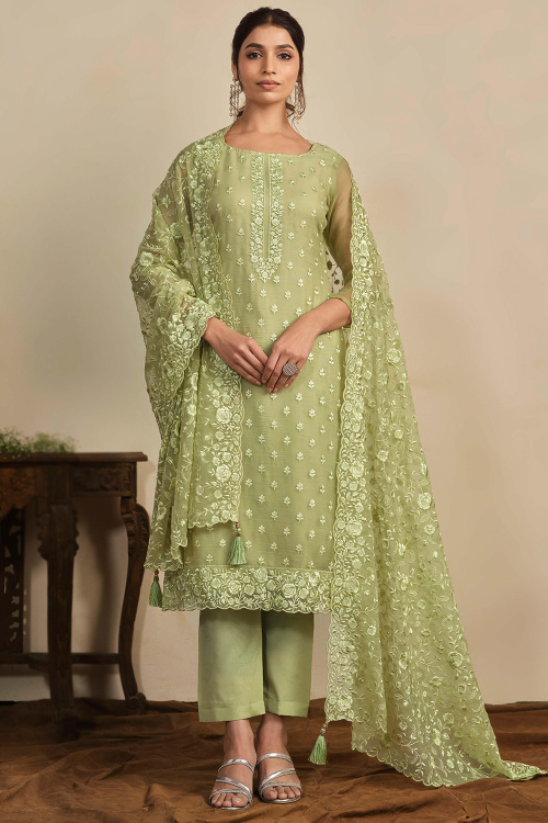 Organza Pear Green Trouser Suit With Resham Thread Work