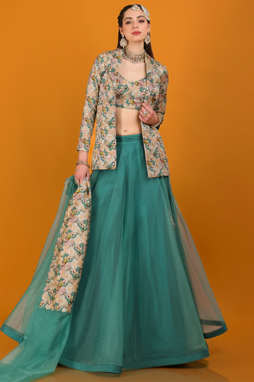 Organza Persian Green Printed Flared Style Lehenga