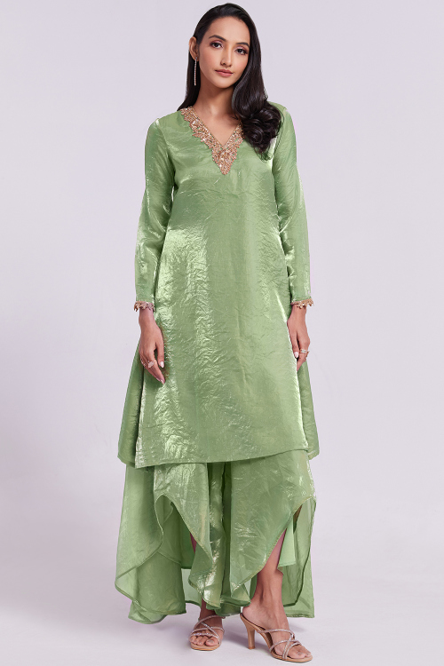 Organza Pistachio Green Embroidered Ready Made Fancy Palazzo Suit