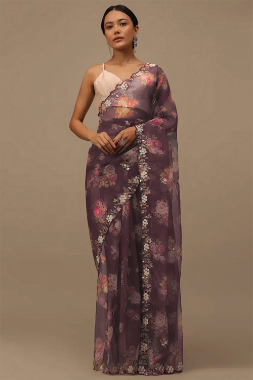 Organza Plum Purple Floral Print Saree For Sangeet 