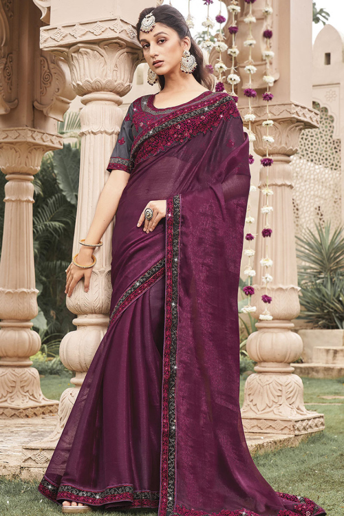 Organza Plum Purple Lace Embroidered Shimmer Saree