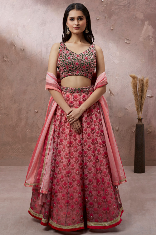 Organza Printed A-Line Lehenga in Salmon Peach 