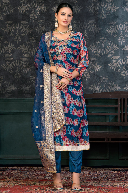 Organza Prussian Blue Straight Cut Floral Print Trouser Suit 