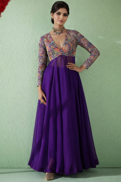 Organza Purple Beads Embroidered A Line Trouser Suit for Wedding & Party