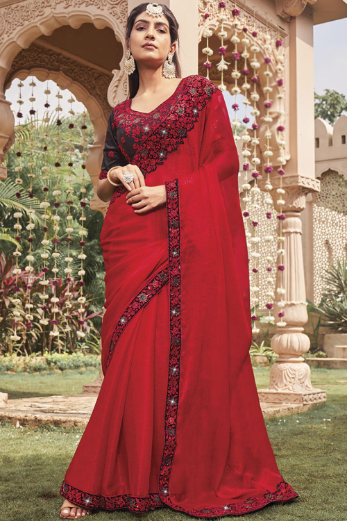 Organza Red Lace Embroidered Shimmer Saree