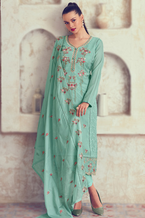 Organza Resham Embroidered Mint Blue Trouser Suit