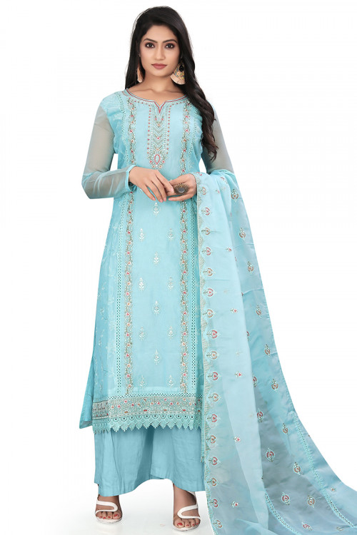 Organza Resham Embroidered Sky Blue Palazzo Suit