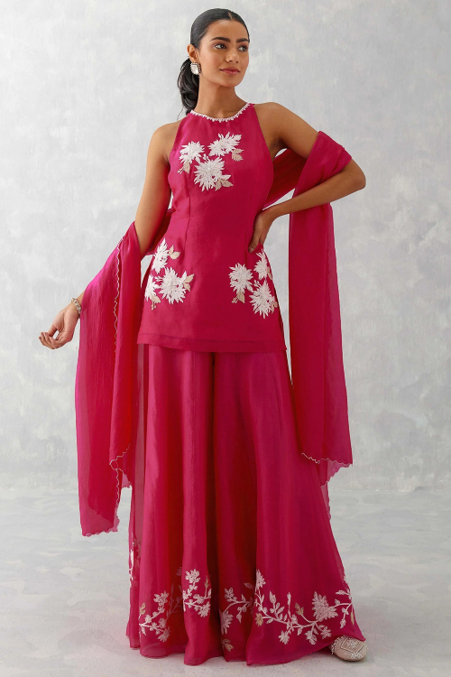 Organza Ruby Pink Embroidered Palazzo Suit for Wedding & Party