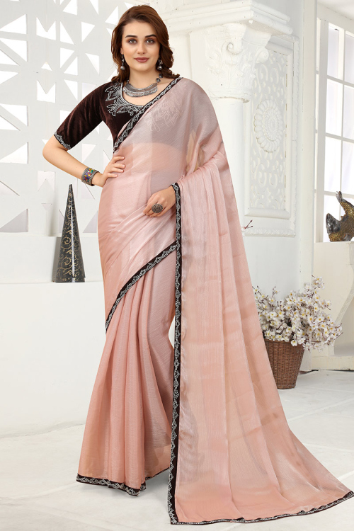Organza Salmon Peach Embellished Saree