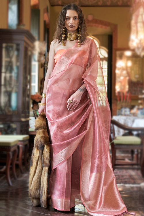 Organza Salmon Pink Printed Light Weight Saree 