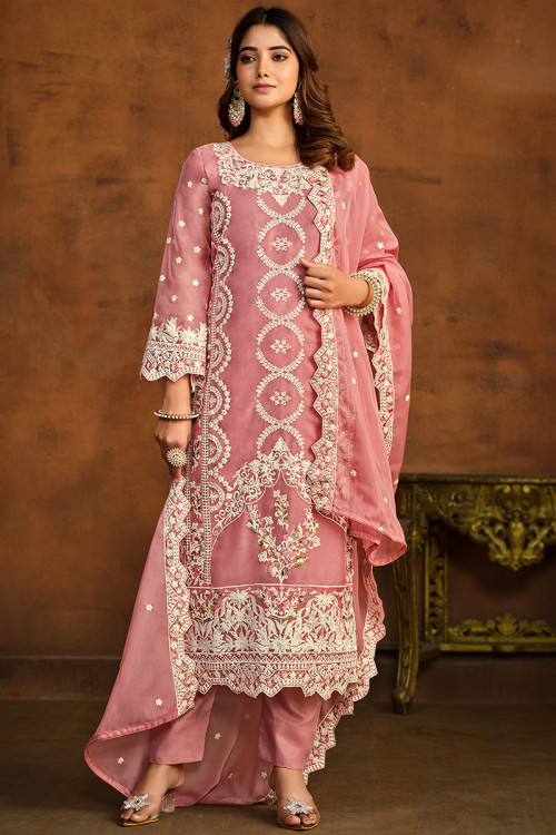 Organza Salmon Pink Resham Embroidered Straight Cut Suit