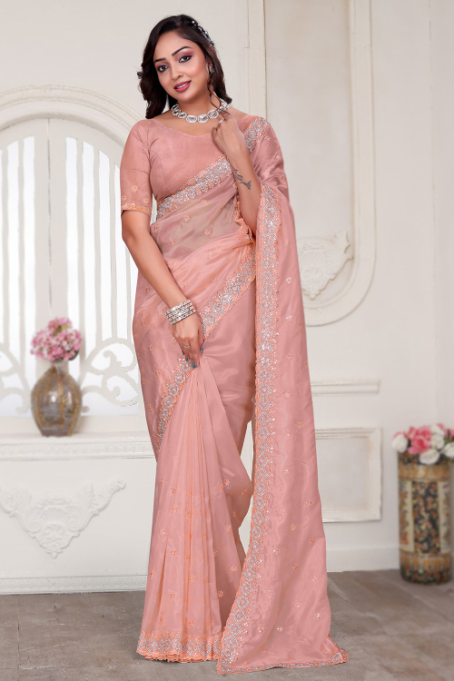 Organza Salmon Pink Stone Embellished Saree For Festival 