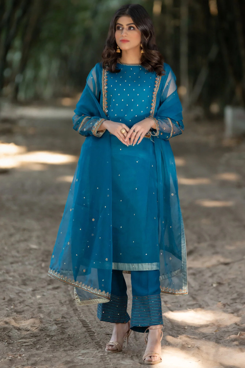 Organza Sea Blue Trouser Suit with Zari Work for Diwali
