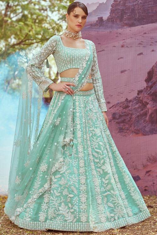 Organza Seafoam Green Dori Embroidered Panelled Style Lehenga 
