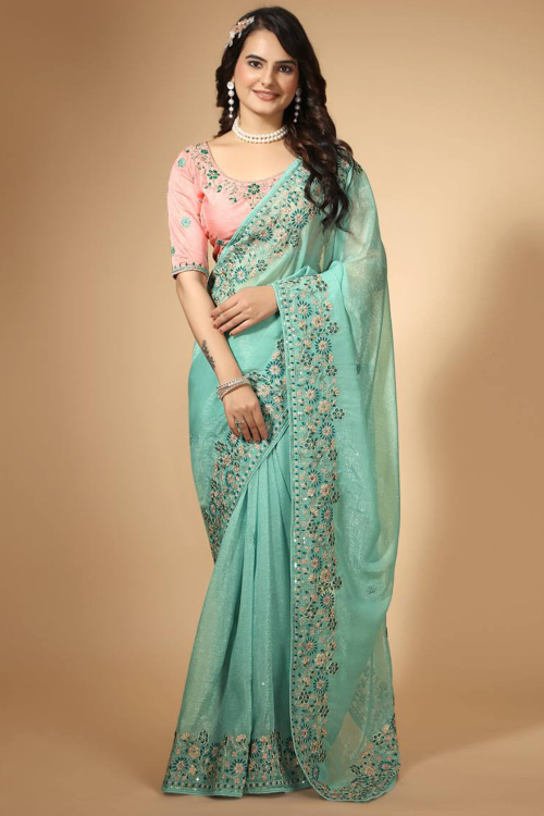 Organza Seafoam Green Resham Embroidered Light Weight Saree 