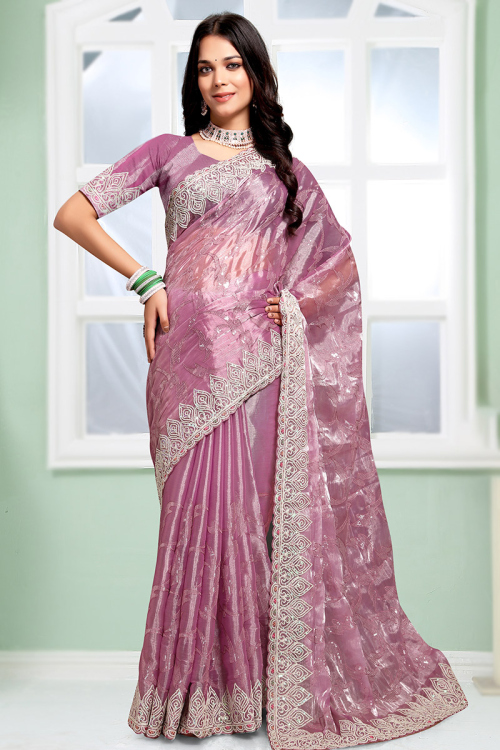 Organza Sequins Embroidered Mauve Pink Light Weight Saree 