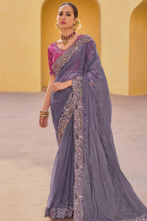 Organza Silk Mauve Embroidered Light Weight Saree