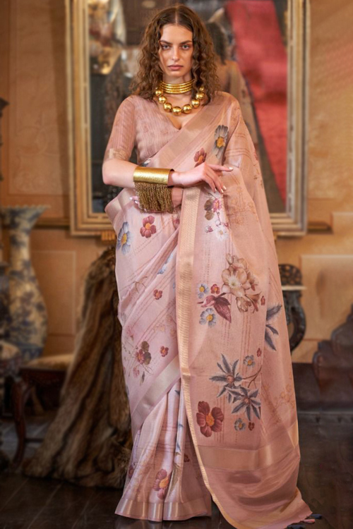 Organza Silk Peach Printed Light Weight Saree