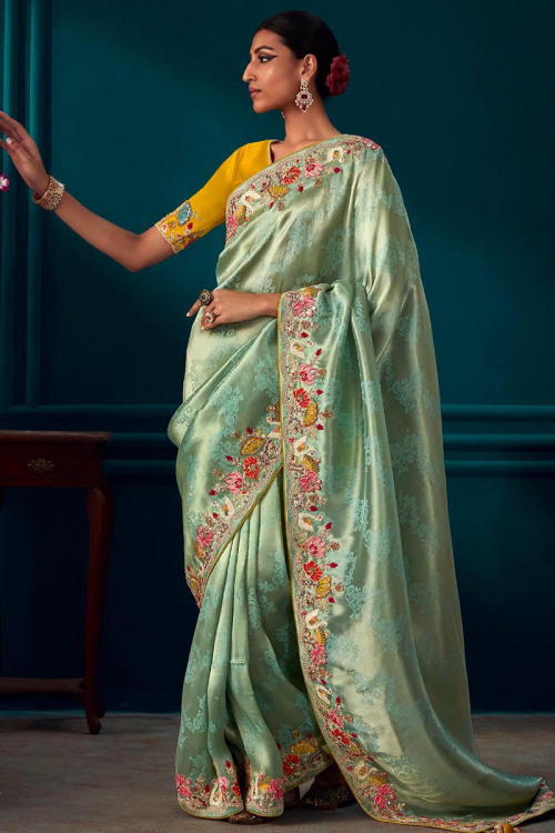 Organza Silk Woven Zari Mint Blue Wedding Wear Saree 