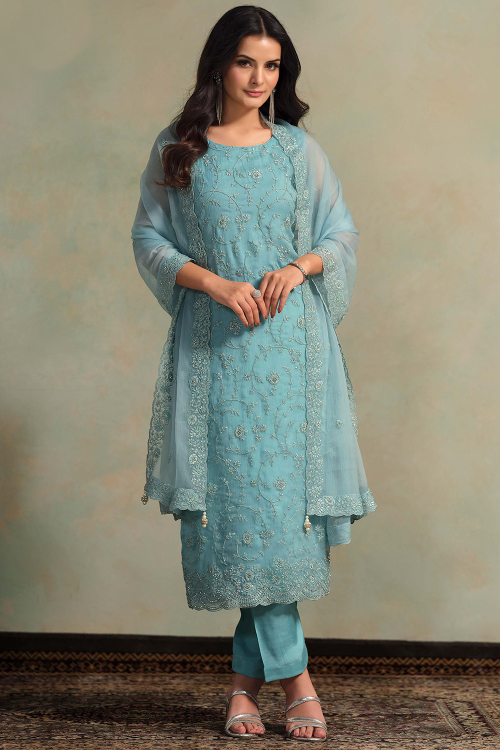 Organza Sky Blue Straight Cut Trouser Suit With Zari Work
