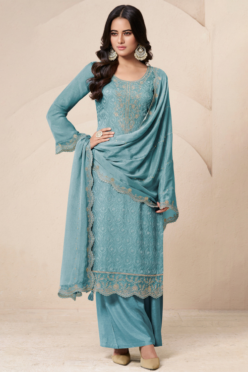 Organza Sky Blue Straight Pant Suit with Zari Work