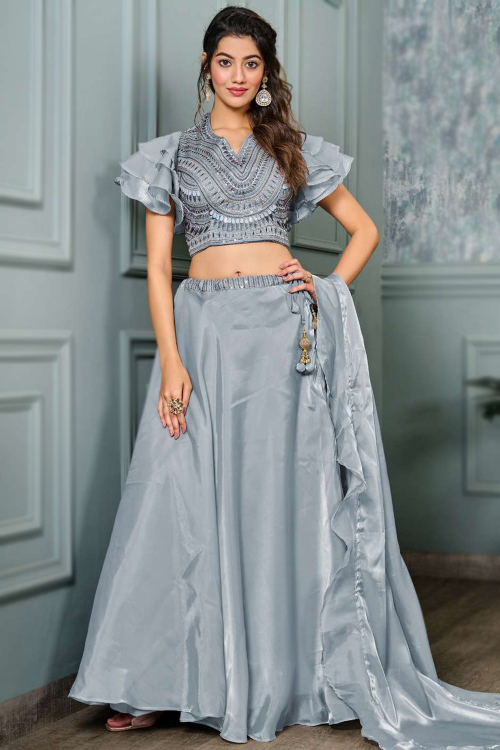 Organza Steel Grey Embroidered A-Line Style Lehenga