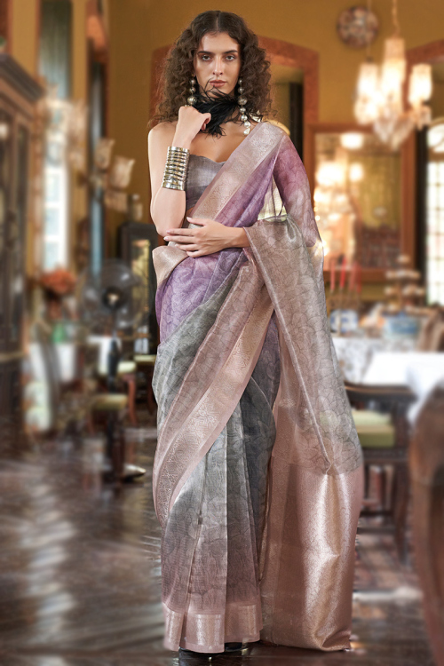 Organza Steel Grey Printed Light Weight Saree 