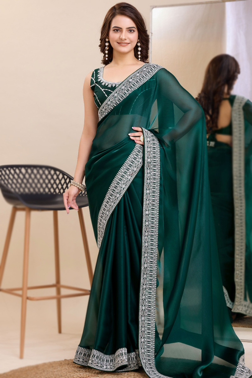 Organza Teal Green Lace Embroidered Sangeet Saree 