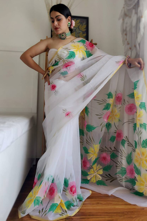 Organza White Floral Printed Saree