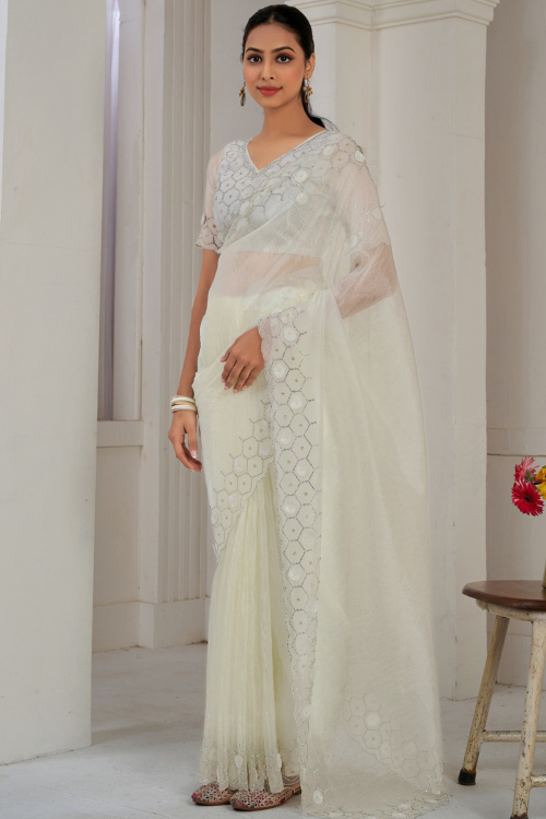 Organza Ivory Stone Embroidered Light Weight Saree 