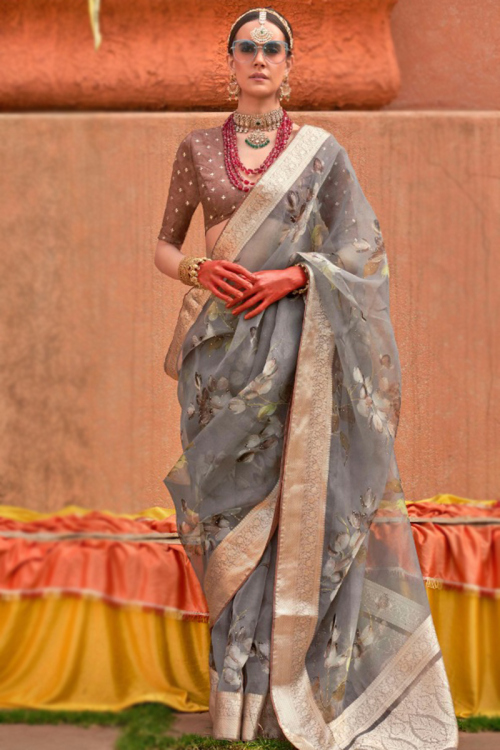 Organza Woven Zari Grey Light Weight Saree 