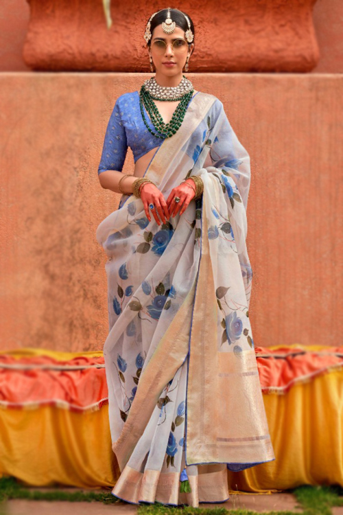 Organza Woven Zari Light Grey Floral Saree