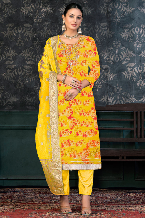 Organza Yellow Floral Print Straight Cut Trouser Suit