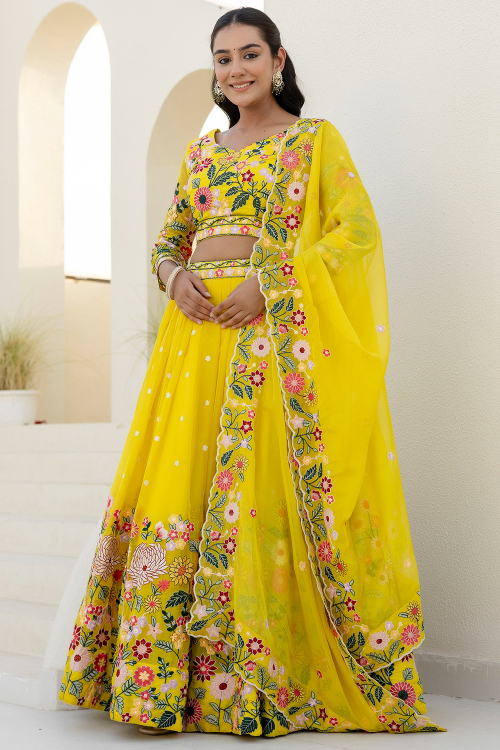 Organza Yellow Lehenga with Sequins Work for Diwali 