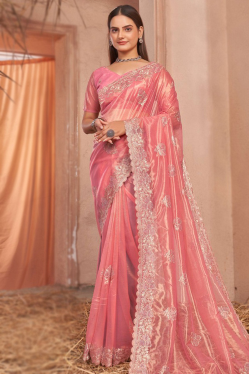 Organza Zari Embroidered Salmon Pink Shimmer Saree