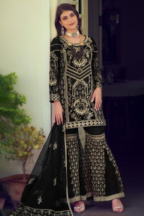 Pakistani Black Embroidered Organza Sharara Suit 