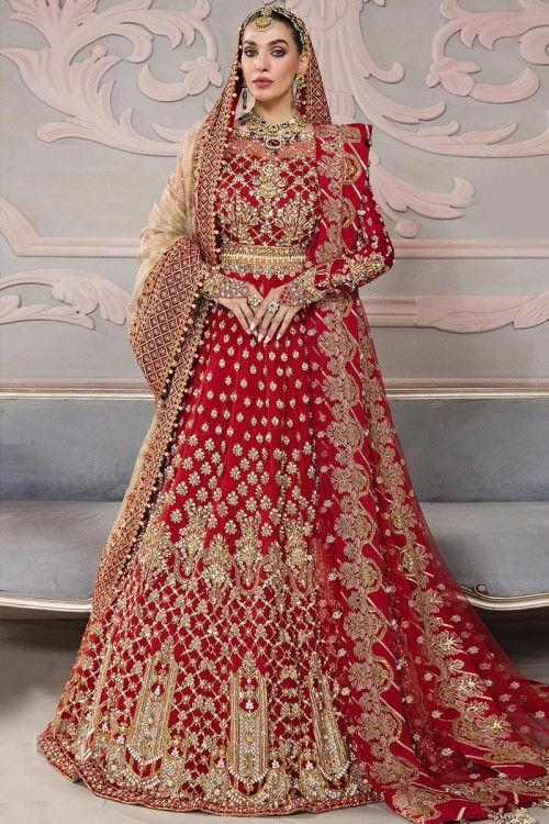 Lehenga in Red Net for Party Wear with Dabka embroidery