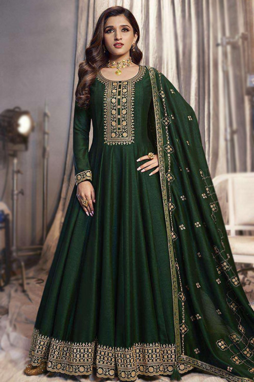 Dark Green Embroidered Side Slit Cut Anarkali Gown