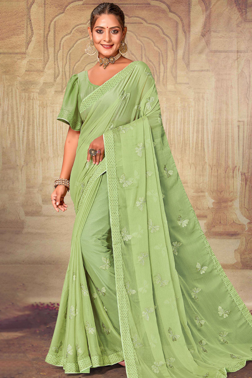 Pale Olive Green Stone Embroidered Chiffon Sangeet Saree 