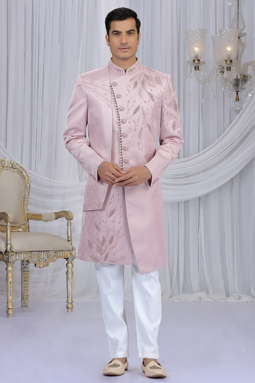 Pale Pink Art Silk Beads Embroidered Men's Sherwani