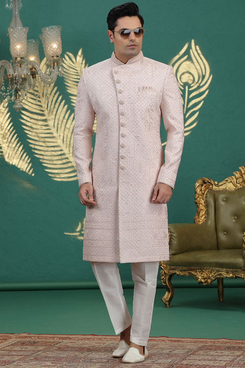 Pale Pink Art Silk Embroidered Men's Sherwani For Wedding
