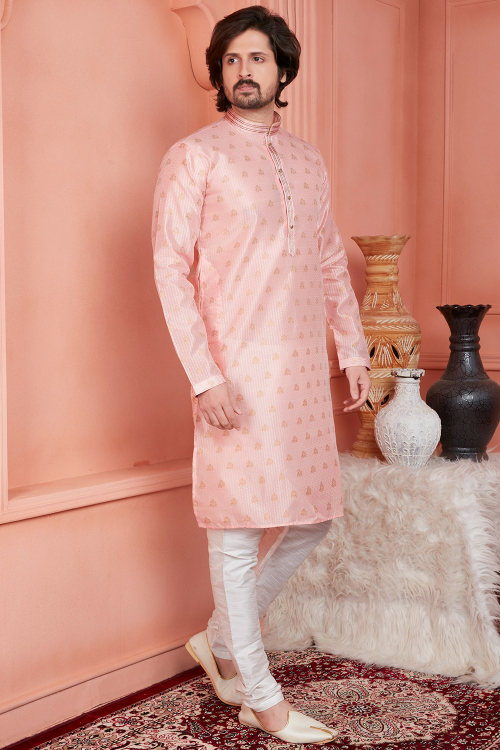 Pale Pink Blend Weaved Men's Kurta With Churidar