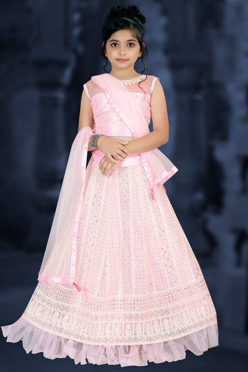 Pale Pink Chikankari Embroidered Net Girl's Lehenga 