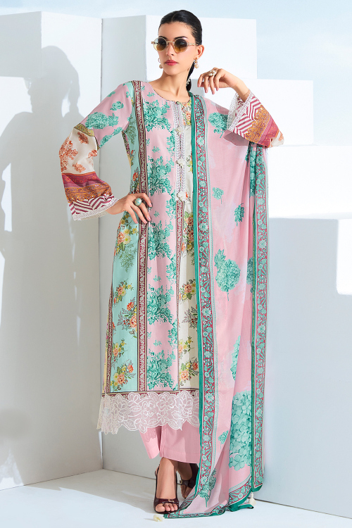 Pale Pink Cotton Printed Straight Cut Trouser Suit 