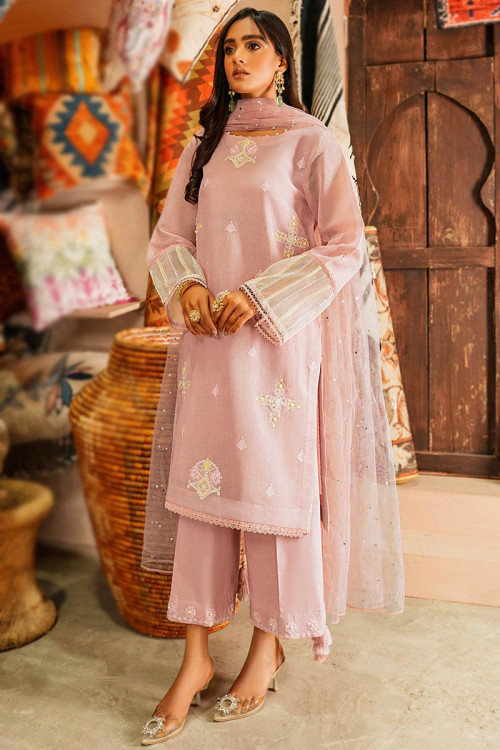 Buy Pink Cotton Thread Work Straight / Trouser Suits Online for