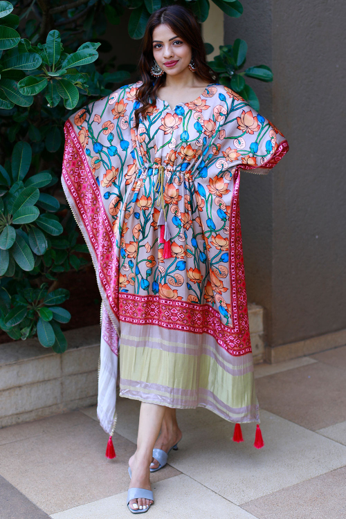 Pale Pink Crepe Kaftan With Printed Work For Casual Wear