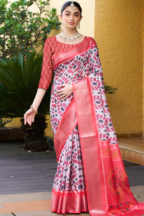 Pale Pink Crepe Printed Broad Border Saree