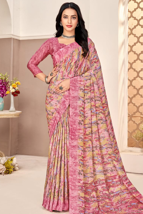 Pale Pink Crepe Silk Saree With Printed Work For Casual Wear
