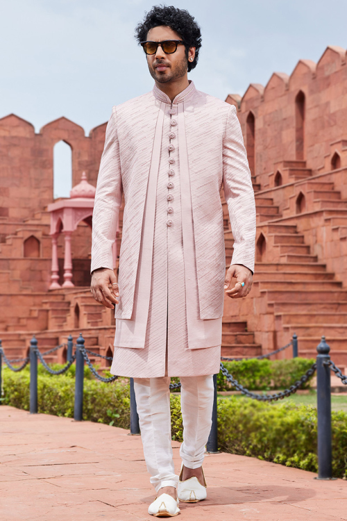 Pale Pink Dupion Silk Embroidered Jacket Style Men's Sherwani