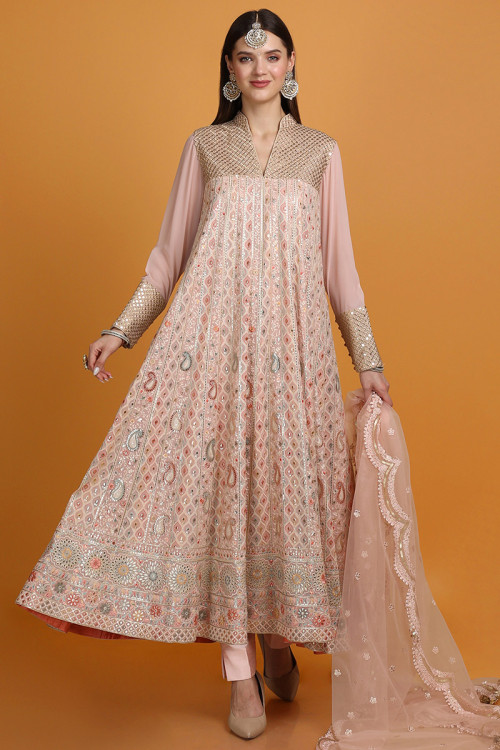 Pale Pink Georgette Anarkali Style Embroidered Trouser Suit for Eid